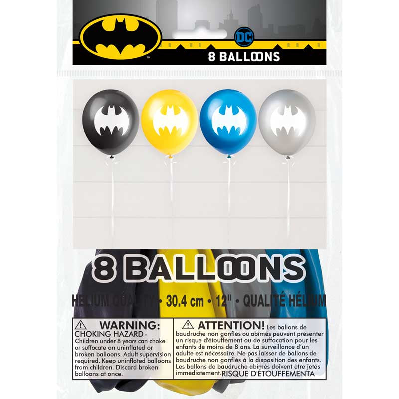 8 pack 12in Batman Rogue Rage balloons in black yellow and grey for superhero birthday party