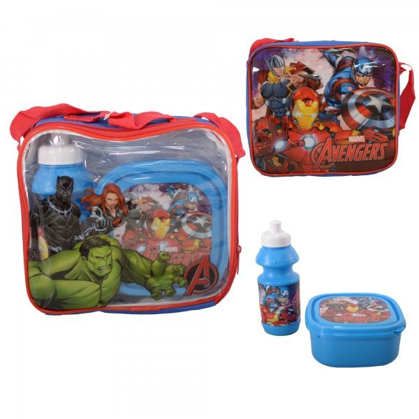 Marvel Avengers lunch bag set with bottle and food box featuring Iron Man, Hulk and Captain America