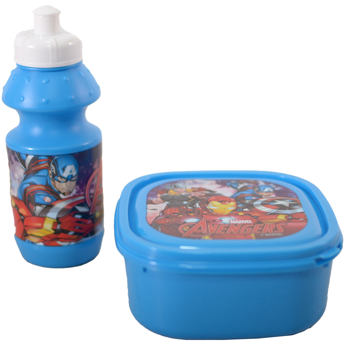Marvel Avengers lunch bag set with bottle and food box featuring Iron Man, Hulk and Captain America