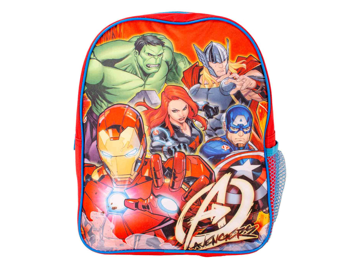 Marvel Avengers kids backpack in red and blue featuring Iron Man, Hulk, Thor, Captain America, and Black Widow with side mesh pockets.
