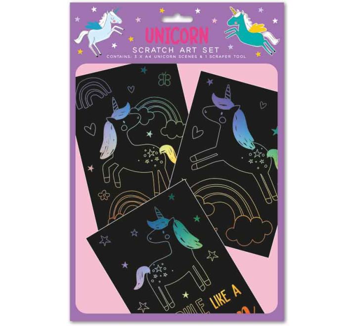 Unicorn scratch art set with rainbow-reveal unicorn designs and wooden scraper tool.