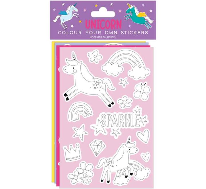 Unicorn Colour Your Own Stickers set with 60 black-and-white unicorn, rainbow, star and cloud stickers on colourful sheets.