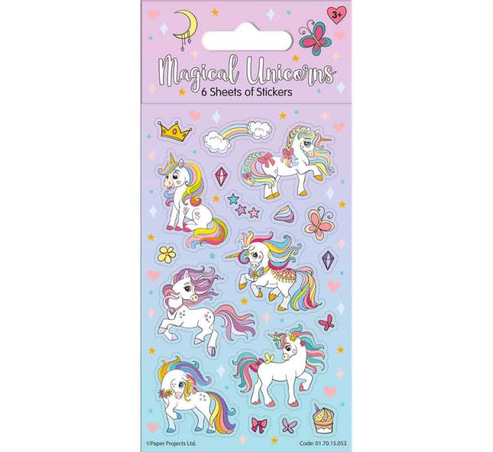 Pack of 6 Magical Unicorn sticker sheets featuring unicorns, rainbows, stars and pastel icons.