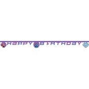 K-Pop Demon Hunters Happy Birthday paper letter banner with purple character medallion details