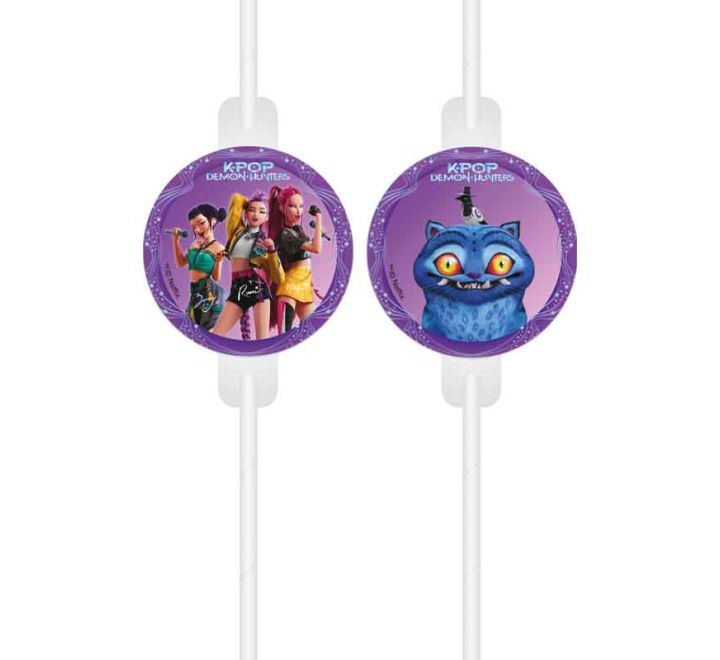 Pack of 4 K-Pop Demon Hunters paper drinking straws with themed medallion designs