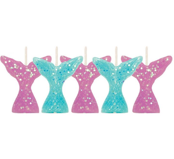 Glitter mermaid tail birthday candles in pink and aqua