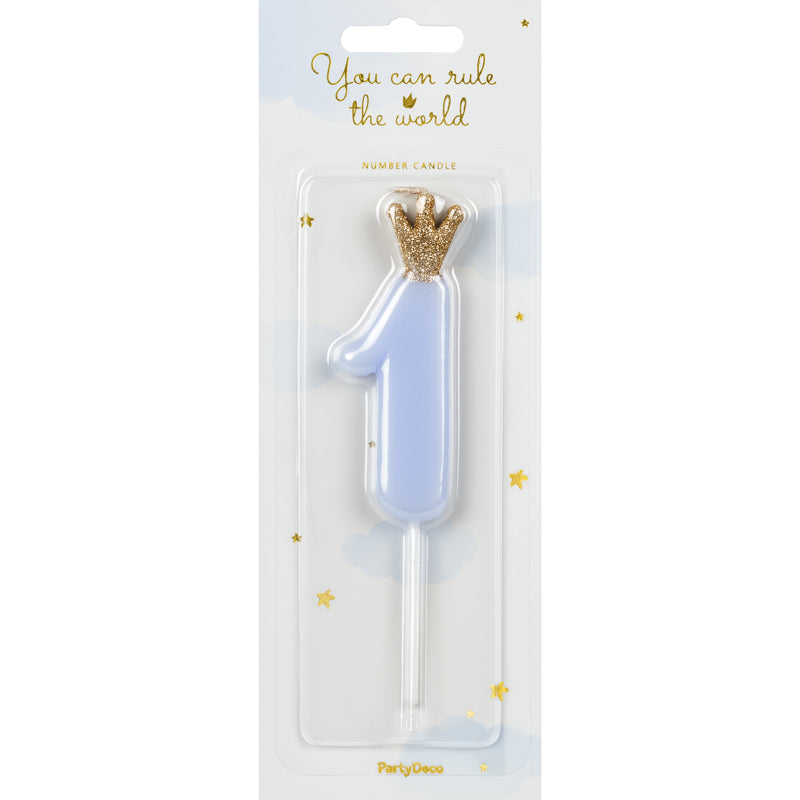 Light blue number 1 birthday candle with gold crown for first birthday cake