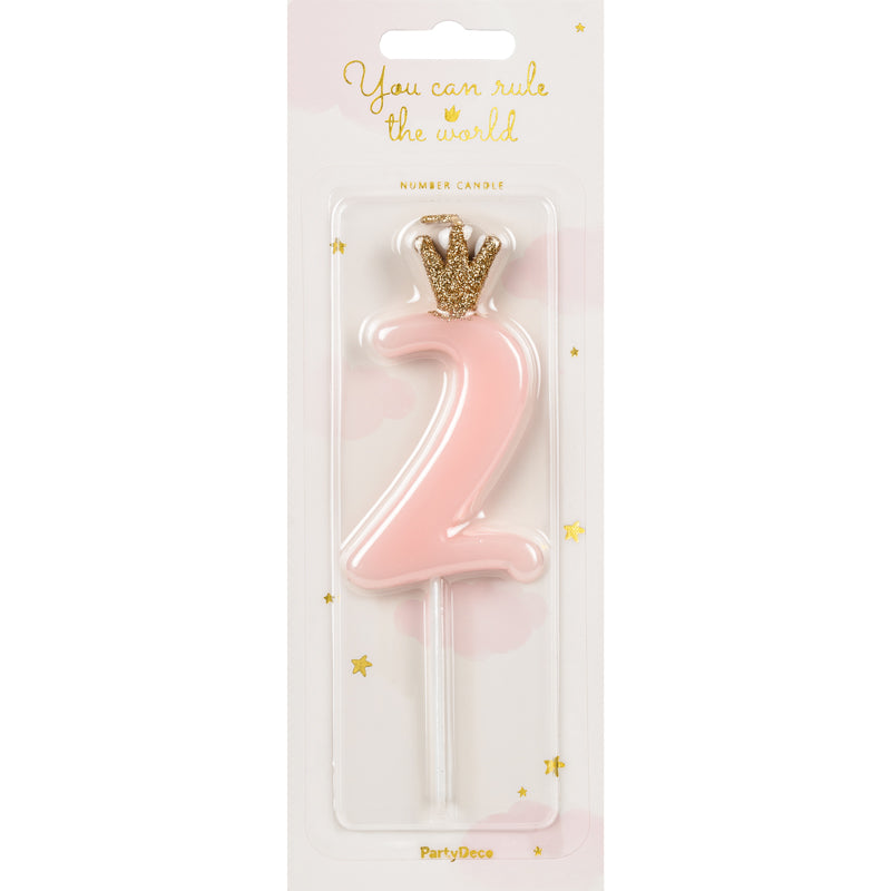 Light pink number 2 birthday candle with crown for a 2nd birthday cake
