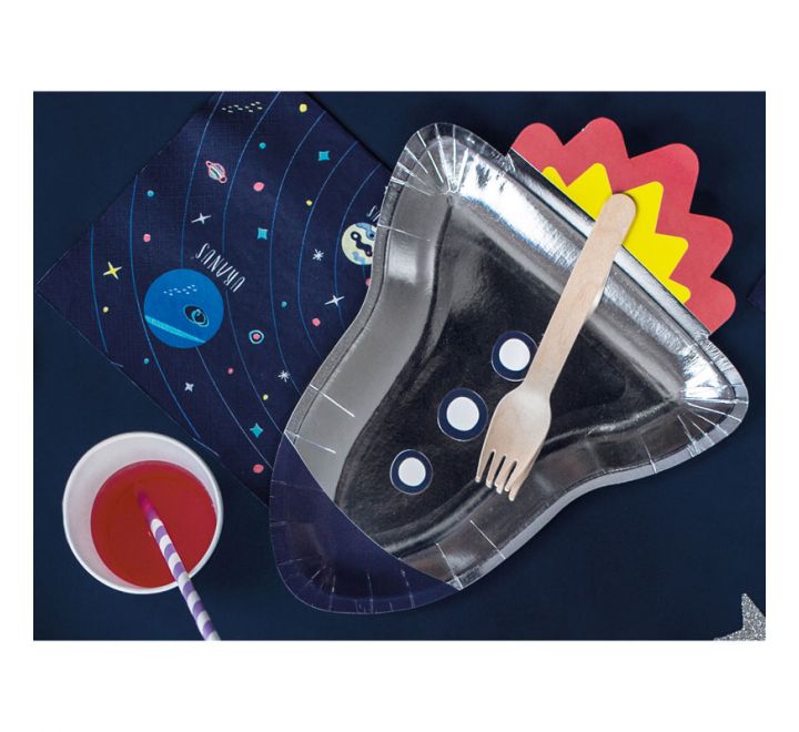 Space rocket shaped foil party plate in silver and navy with rocket tail and foil finish