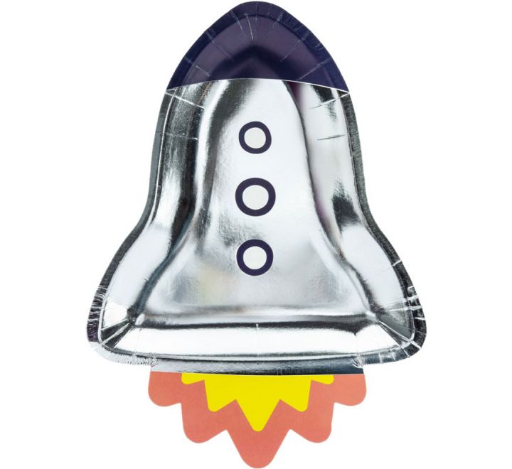 Space rocket shaped foil party plate in silver and navy with rocket tail and foil finish