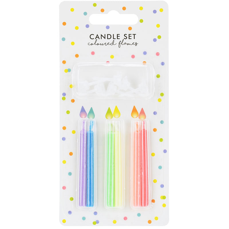 6 pack coloured flame birthday candles with holders for celebration cakes