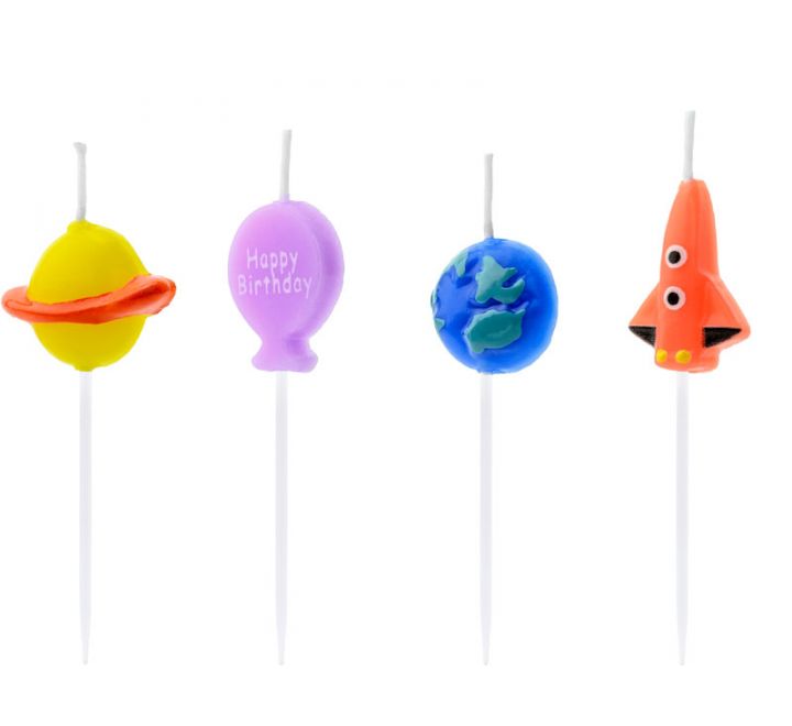 Space themed cake candle set with rocket, Earth, planet with rings and Happy Birthday balloon candles