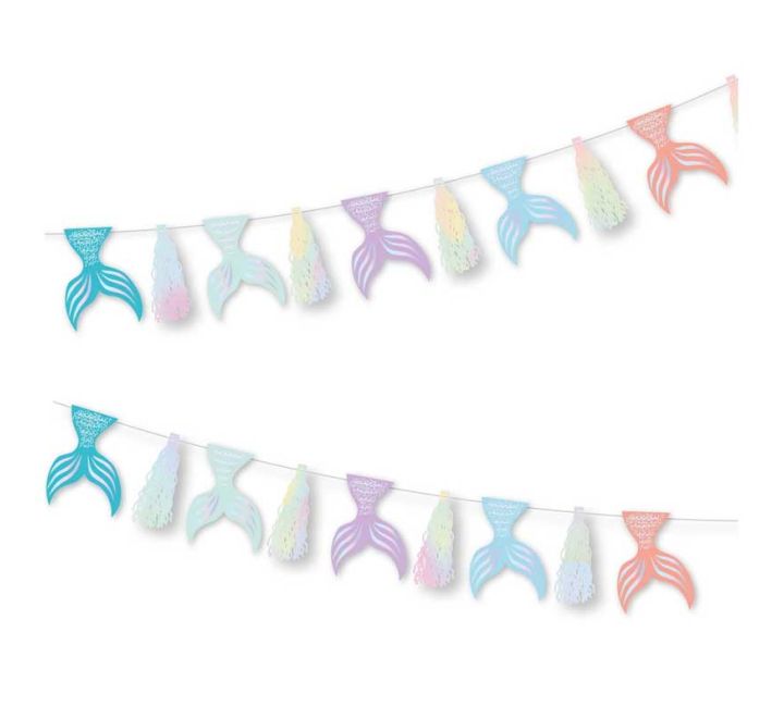 Pastel mermaid tail bunting with iridescent tassels