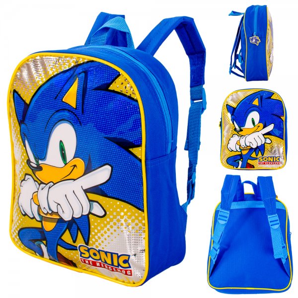 Blue Sonic the Hedgehog backpack featuring character artwork with front, side, and back views