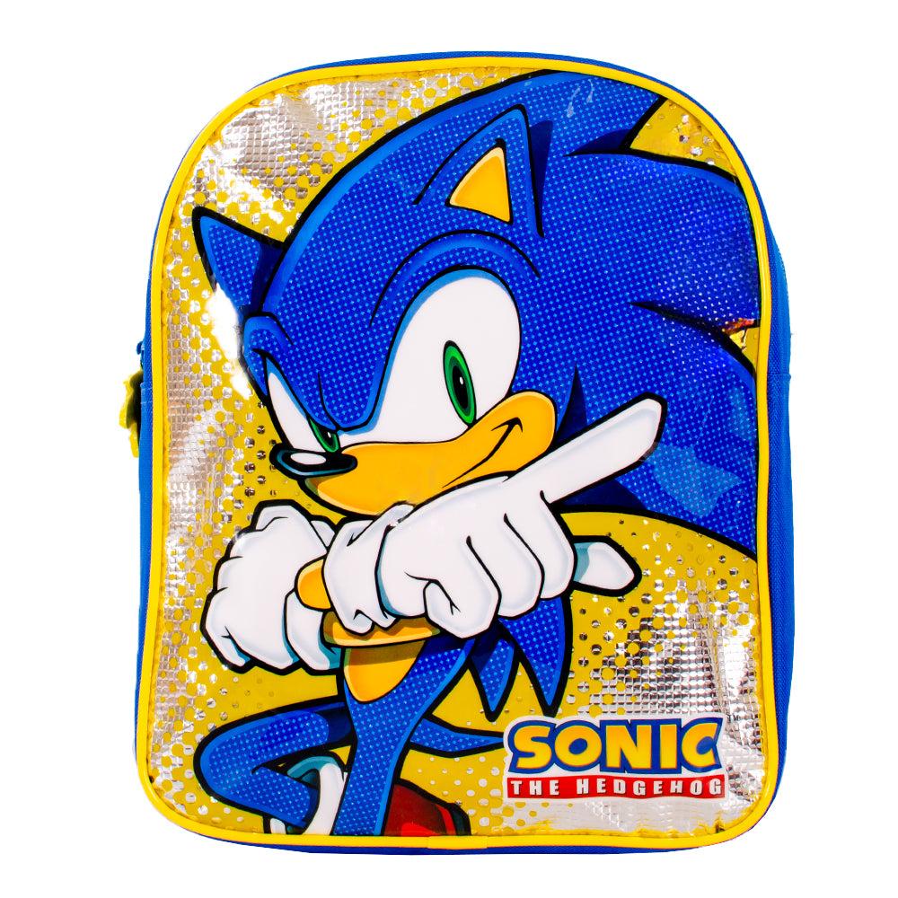 Blue Sonic the Hedgehog backpack featuring character artwork with front, side, and back views