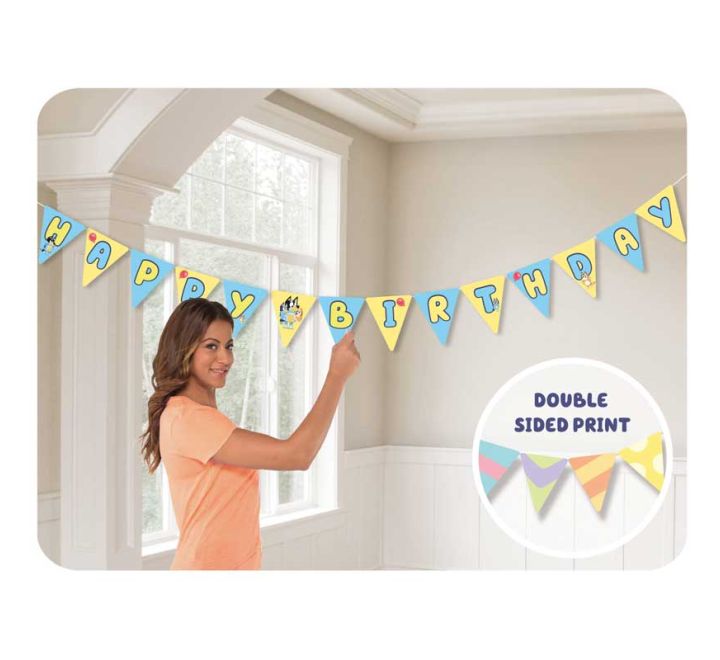 Bluey pennant banner with colourful flags and character designs