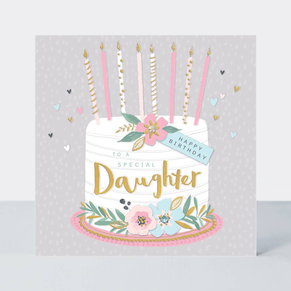 To a Special Daughter” Happy Birthday Card – Elegant Cake Design with Gold Foil