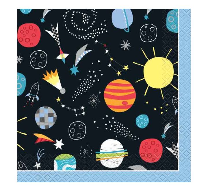 Space-themed party napkin with colourful planets, stars, rockets and comets on a dark galaxy background
