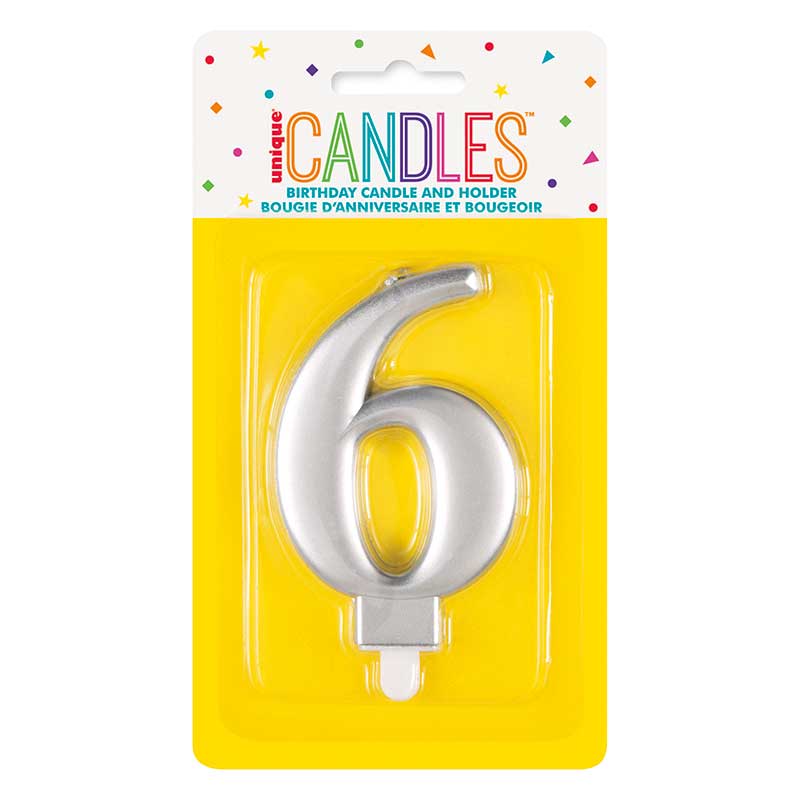 Metallic silver number 6 birthday cake candle approximately 8cm tall