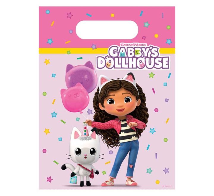 6 pack Gabby's Dollhouse plastic party bags kids party supplies