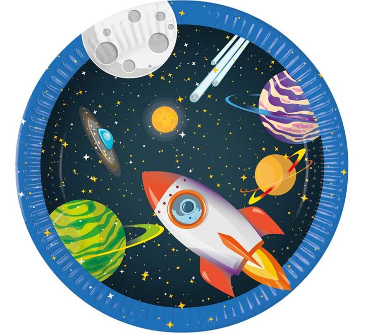 Space-themed large paper plate with rocket and planets