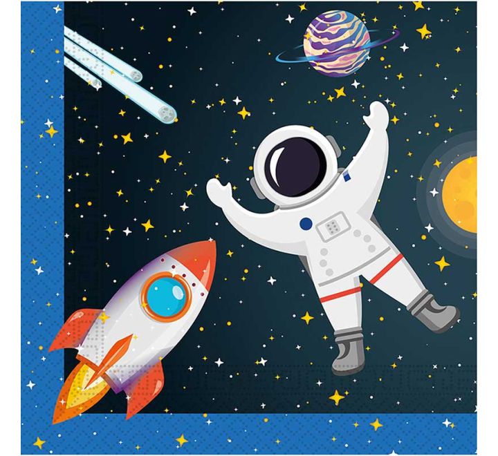 Space-themed paper napkin with astronaut and rocket design