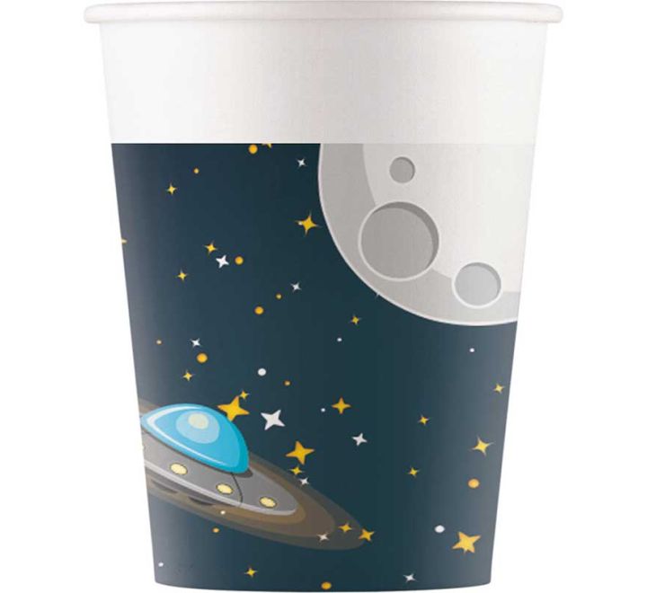 Space-themed paper cup with UFO and moon design