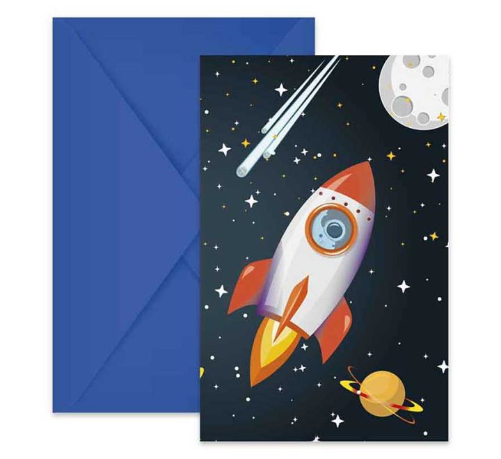 pace-themed party invitation with rocket and planets