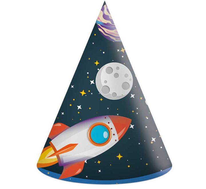 Rocket ship space-themed birthday party hat with moon and stars