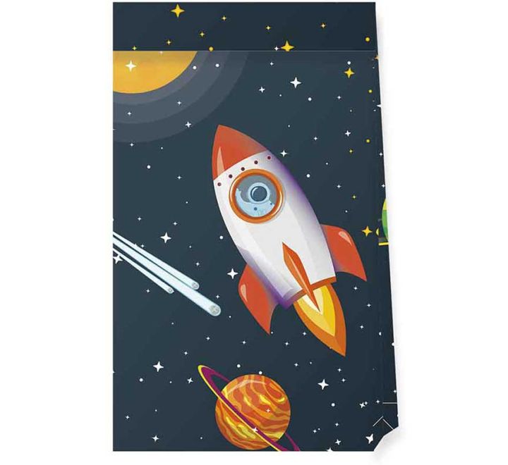 Space rocket paper party treat bag with fold-over top and galaxy background