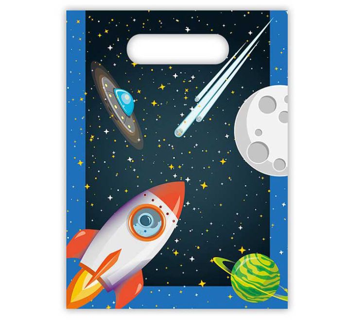 Space-themed party loot bag with rocket, planets, stars, comet and moon on a dark galaxy background