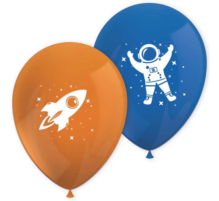 Orange rocket balloon and blue astronaut balloon for space party