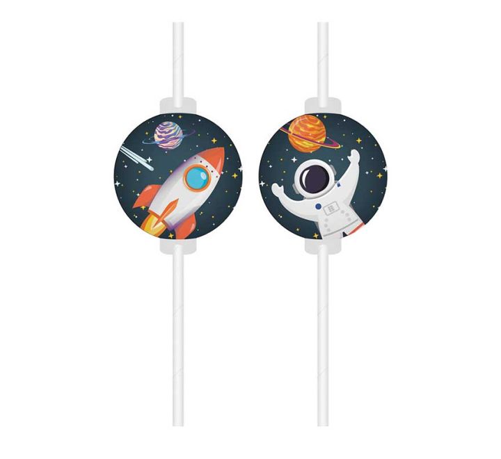 Space-themed drinking straws with rocket and astronaut designs