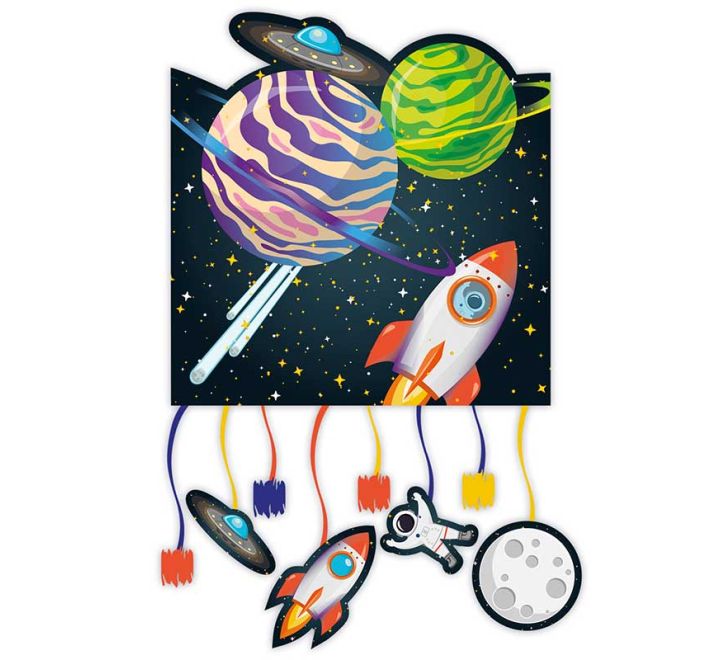 Space pull-string piñata with planets, rockets and astronaut