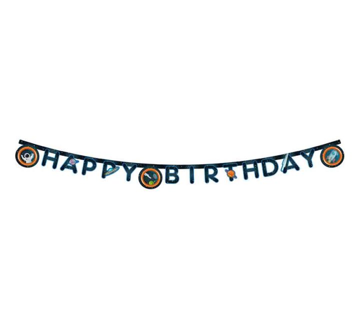 Space-themed Happy Birthday banner with rockets and planets