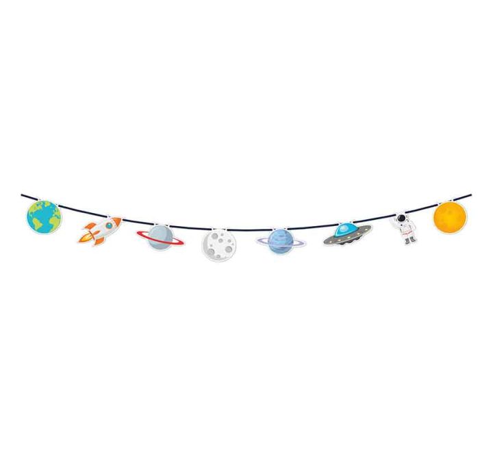 Space-themed garland with planets, rocket, UFO and astronaut