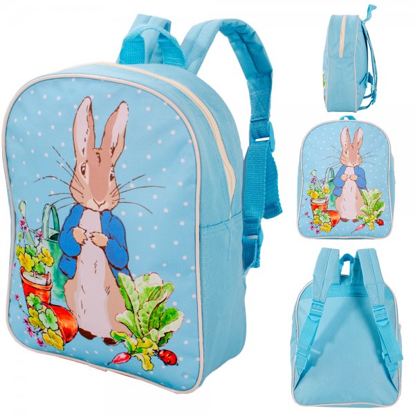 Light blue Peter Rabbit backpack showing front, side and back views with garden illustration