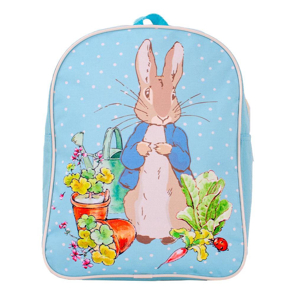 Light blue Peter Rabbit backpack showing front, side and back views with garden illustration