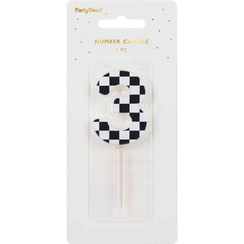6cm black and white chequered flag number 3 birthday candle for racing themed cake