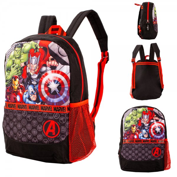 Black and red Marvel Avengers backpack featuring Iron Man, Hulk, Thor and Captain America with mesh side pocket and padded straps