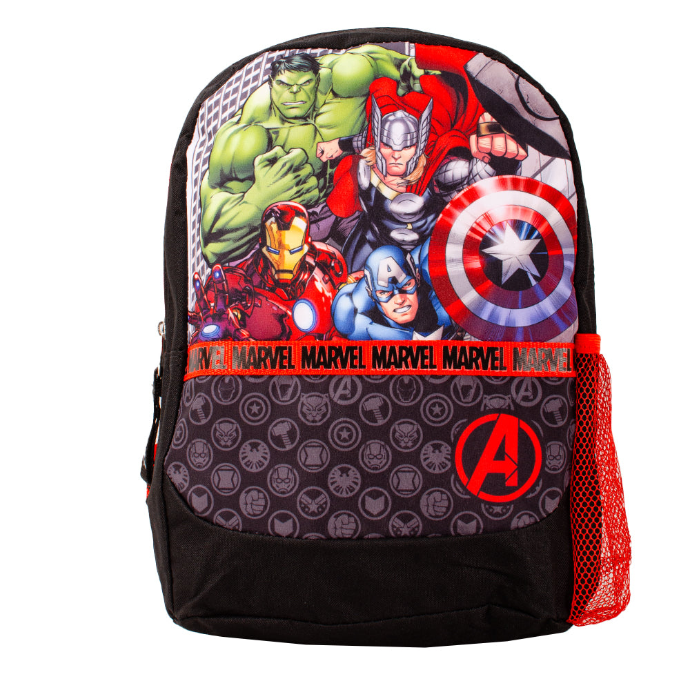 Black and red Marvel Avengers backpack featuring Iron Man, Hulk, Thor and Captain America with mesh side pocket and padded straps
