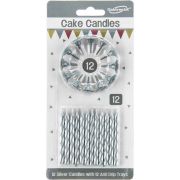 24 metallic silver spiral cake candles with 12 holders for birthday cakes