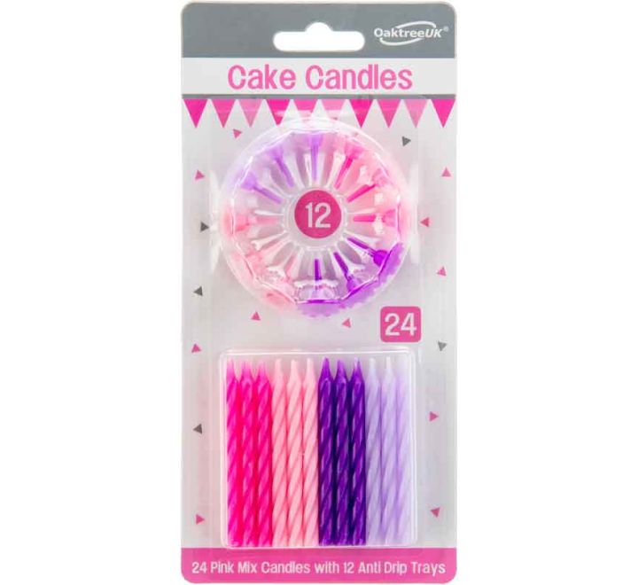 24 assorted pink spiral cake candles with 12 holders for birthday cakes
