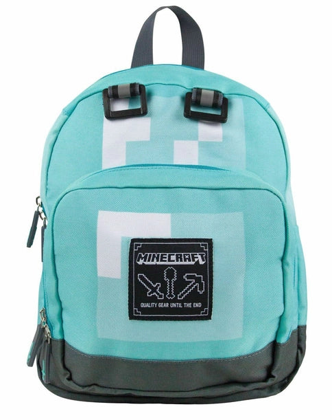 Minecraft Diamond backpack in turquoise and grey with pixel face design and front Minecraft patch.