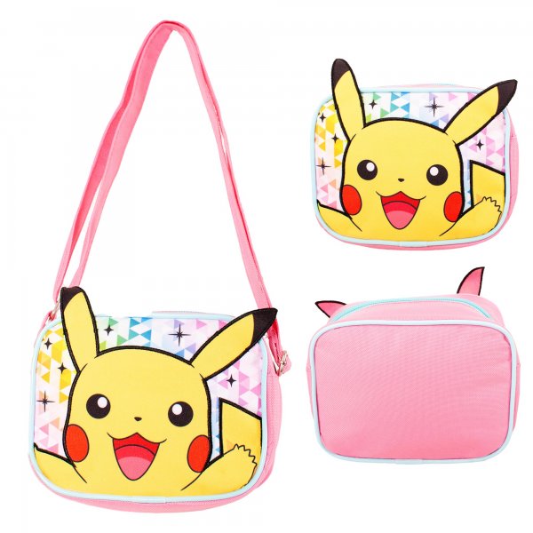 Pikachu crossbody shoulder bag with colourful background and pink strap
