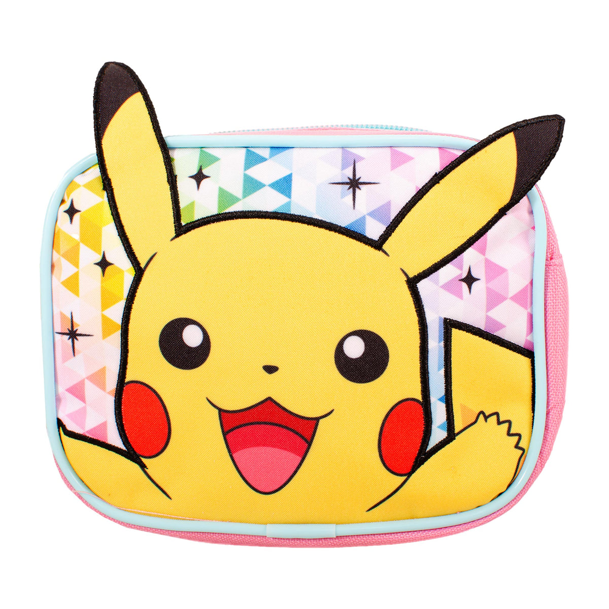 Pikachu crossbody shoulder bag with colourful background and pink strap