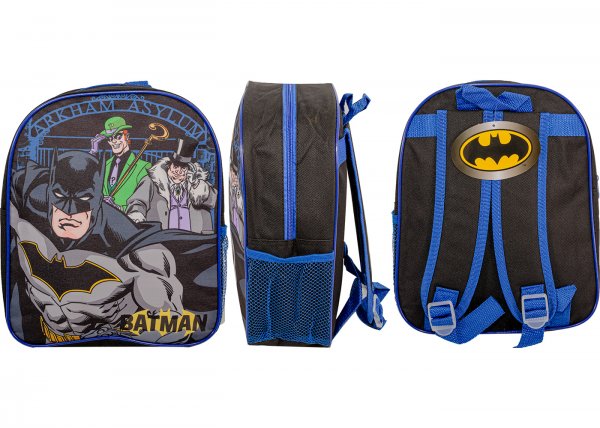 Black and blue Batman backpack featuring Batman and Gotham characters