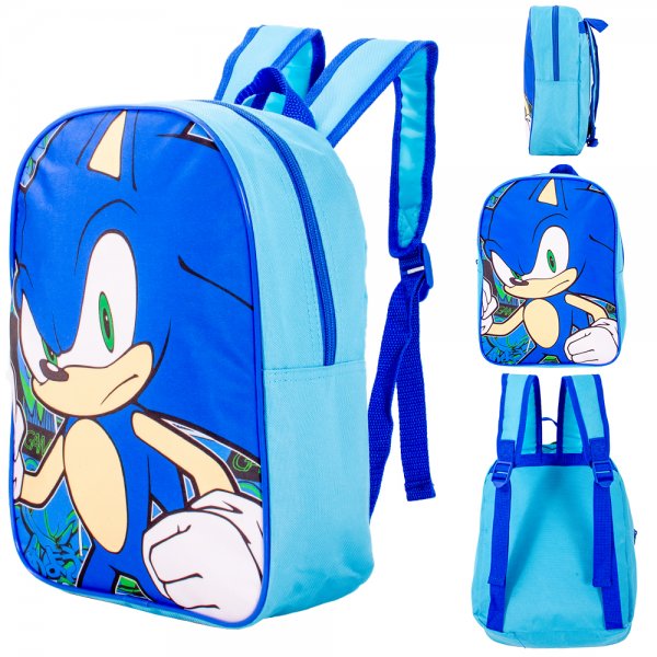 Blue Sonic the Hedgehog backpack showing front, side, and back views with character artwork