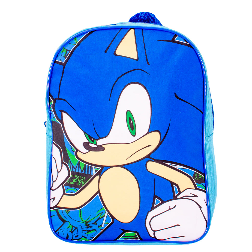 Blue Sonic the Hedgehog backpack showing front, side, and back views with character artwork