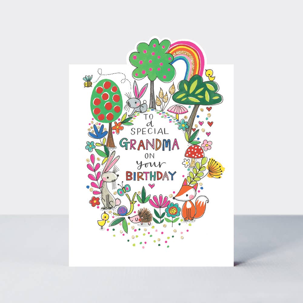 To a Special Grandma on Your Birthday” Card – Woodland Animals and Rainbow Design